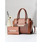 Women's Patent Faux Leather Handbag Set – Glossy Structured Top-Handle Bag with Wallet, Elegant Crocodile Pattern, for Office, Business and Formal Events