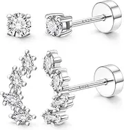 [ZELORES] 2 Pairs 925 Sterling Silver Flat Back Earrings for Women Dainty Gold CZ Flatback Cartilage Earring Small Helix Tragus Multiple Piercing Jewelry