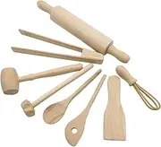 Kitchen Baking Tool Set, 8 Pieces Wooden Kitchen Utensils Kids Play Toys - Rolling Pin Meat Hammer Whisk Toast Tongs Spatula Spoons Pie Masher, Children's Playhouse Cooking Supplies for Boys Girls