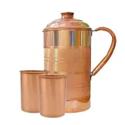 Copper Water Jug Embossed Pitcher With 2 Drinking Glass