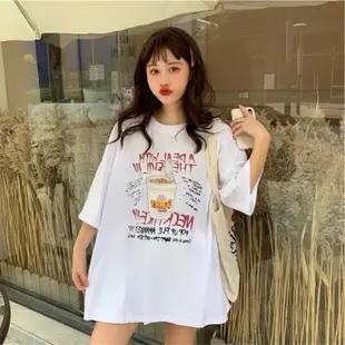 【全新】韓系個性印花短袖T恤性感露背寬鬆落肩中長版上衣 杯麵圖案 白色上衣