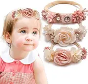 LICHUANUK Pack of 3 Baby Girls Flower Headbands with Stain Band, Elastic Nylon Hairband, Newborn Headband, Baby Hair Accessories for Party, Wedding, Family Photo
