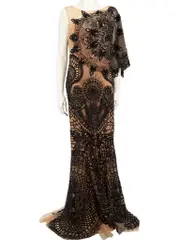 Beige & Black Embellished Tulle Gown