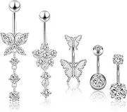 [GwaOery] 5PCS Belly Button Bars Belly Rings Silver Belly Button Piercing Stainless Steel Belly Button Bars Hoops Body Jewelry Piercing Heart Bow Navel Piercing Jewelry for Womens Girls, Stainless Steel