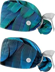 [YTYVAGT] 2-Pc,Nurse Scrub Caps,Scrub Hats with Buttons and Cotton Sweatband,Animal Eagle Feather Texture