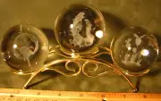3-2.3inch GLASS CRYSTAL SPHERES ETCHED FAIRY BUTTERFLIES DOLPHINS ON HOLDER #309