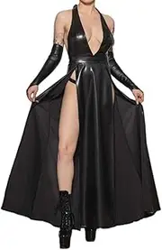 [EGEN] Sexy Halter Sleeveless High Split Slim Midi Dress PU Leather Dress with Gloves Slim Backless Long Dress Club Party Robe S-7XL (4X-Large,Black,4X-Large)