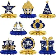 8 Pieces Birthday Centerpiece Table Decoration, Blue and Gold Happy Birthday Honeycomb Centerpieces for Kids Baby Shower, Men and Woman Birthday Party Supplies