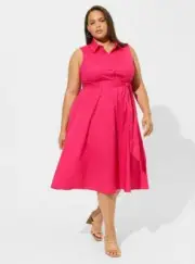 Torrid 3 Midi Poplin Collared Shirtdress Pink Peacock Plus Size 3X Pockets NWT