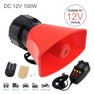 7 Tone Electronic Alarm Siren with Mic PA Speaker System 100W DC 12V LoudSpeaker