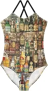 [RPLIFE] Mosaic Vintage Beer Labels Kids Swim Suits, Summer Swimsuits Girls, Beach Apparel 3-10T with Adjustable Shoulder Strap