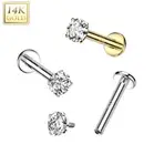 14K Yellow GOLD 16G INTERNALLY THREADED PRONG SET 2MM CZ STUD LABRET TRAGUS RING