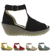 Womens Fly London Yall Cupido Perforated Peep Toe Cut Out Wedge Heels Black UK 7