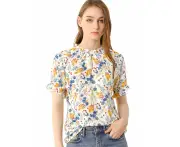 Allegra K Ruffle Floral Mock Neck Blouse White Blue