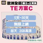 ESIM歐洲全區 含瑞士 土耳其【TE-方案C】 無限上網 每天2GB高速 5天-30天