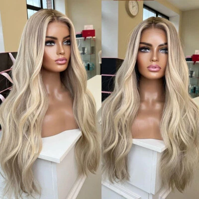Synthetic Hair Heat Resistant Lace Front Wig Highlight Blonde Long Wavy