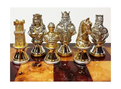 Metal Medieval Times Crusades Knight Busts Chess Men Set Gold and Silver Colo...