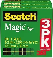 Scotch Magic Invisible Tape - 0.50 Width x 36 yd Length - 1 Core - Non-yellowing Photo-safe Split Resistant Tear Resistant Writable Surface Repositionable - 3 / Pack - Clear