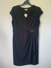 AUTOGRAPH SHORT SLEEVE PLEATED CROSS OVER BLACK MIDI DRESS SIZE 14 AU