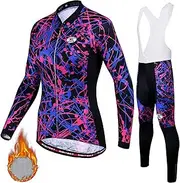 [LMKIJNB] Womens Cycling Jersey Long Sleeves Set Bicycle Clothing Sportswear Biking Suit Tights Bib Pants Winter Thermal Fleece Moisture Wicking UV Protection 3D Gel Padded MTB Outdoor Windproof W01,B,3XL