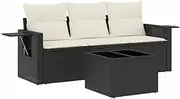 vidaXL Modular Outdoor Garden Sofa Set - 4 Piece Black Poly Rattan with Cushions and Side Table for Patio Terrace Deck