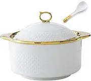 Large Gold Trim Ceramic Soup Tureen,Serving Soup Bowls with Glass Lid and Ladle Set, Porcelain Soup Bowls for Home Kitchen Restaurant Decoration,A