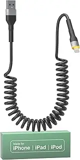 Coiled iPhone Lightning Cable for Apple CarPlay - MFi Certified USB Cable with Data Transmission & Yellow LED - Retractable Charger Cord for iPhone/iPad/iPod