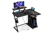Giantex L Shaped Gaming Desk 2-tier Computer Desk w/Outlets & USB Ports Corner Home Office Desk Black