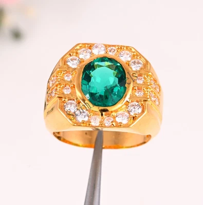 Men's Emerald Ring 14K Yellow Gold Handmade Engagement and Wedding Ring