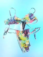 Boohoo Tropical Tie Front Strappy Bikini Crop Top Bottom Purple UK 10