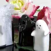Hugging Ghost People Salt & Pepper Shakers Halloween Black & White Ceramic