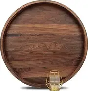 MAGIGO 20 Inches Extra Large Round Black Walnut Wood Ottoman Tray with Handles, Serve Tea, Coffee or Breakfast in Bed, Classic Circular Wooden Decorative Serving Tray