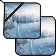 2 Pack Pot Holders for Kitchen Heat Resistant Potholders Winter Background Pot Holders Set Washable Hot Pads with Loop Non Slip Potholders for Cooking Baking BBQ Microwave 8 x 8 Inch