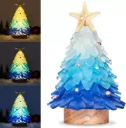 Sea Glass Christmas Tree Handcrafted Mini Tree LED Lights Blue Gradient Color