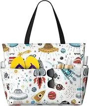 [Ghjkfbf] Cartoon Rockets Print Large Capacity Beach Travel Bag For Family, Beach Tote Bag For Women With Zipper Pockets, Black, One Size