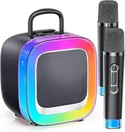 Kinglucky 2025 Upgrade Karaoke Machine, Portable Bluetooth Speaker with 2 Wireless Microphones for Adults & Kids with Lights, Toys for All Smartphones, Birthday, Family, Home Party (Black)