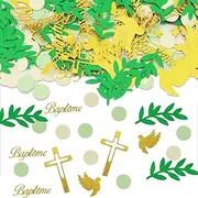 lafo Pack of 300 Christening Decoration Confetti with Gold Cross, Dove & Bapteme Lettering, Confetti for Table Decoration, Christening Communion, Glitter Decoration in Gold, Light Green, Light Yellow
