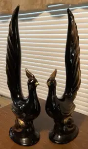 Vintage Sutton's Pair Pheasant Black & Gold Bird Phoenix Redware Japan 13in MCM