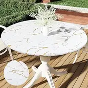 Smiry Round Picnic Tablecloth, Waterproof Elastic Fitted Table Covers for 45" - 56" Tables, Wipeable Flannel Backed Vinyl Tablecloths for Camping, Indoor, Outdoor, White