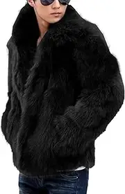 [Qolkmuiy-GJ] Mens Stylish Short Faux Fur Coat Warmth Thick Furry Overcoat Mulit Color Long Sleeve Fur Y2K Outerwear, Black, XX-Large