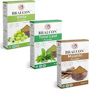 BRALCON Organic Amla, Tulsi Leaf, Mulethi Powder Combo-300g(100g x 3 Pack)|Amla Powder, Tulsi Powder, Mulethi Powder for Face, Skin Whitening & Hair Growth|Liquorice Powder for Hair & Skin Care