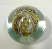 HAND BLOWN GLASS ART PAPERWEIGHT, DIRWOOD, SIGNED, RED GOLD GREEN BLUE PURPLE