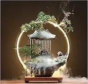 HSINYA Ceramic Buddha Water Fountains Indoor Waterfall with LED 2 Buddhas Mist Water Fountain with Backflow Incense Holder for Feng Shui Strees Relief Wealth-Booming Japanese Decor (YJX-1210)