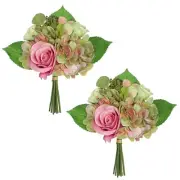 2 Bundles Artificial Hydrangea Bouquet Green with Fake Roses Flowers Spring S...