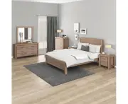 5 Pieces Bedroom Suite in Solid Wood Veneered Acacia Construction Timber Slat King Size Oak Colour Bed, Bedside Table , Tallboy & Dresser