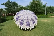 Indian Handmade Embroidered White & Blue Elephant Umbrella Large Garden Umbrella