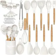 [Generic] 33 PCs, Kitchen Utensils Set, Non Stick Silicone Cooking Utensil Set, Wooden Handle, Heat Resistance, Gadgets Sets, Kitchen Spoons, Spatula Sets, Brush, Whisk, Tongs, Bucket (White), LSD-093