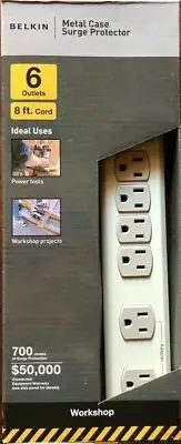 BELKIN METAL CASE Surge Protector 6 Outlets 8 ft Extension Cord - NEW
