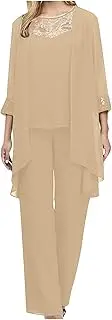 [Tmtolofot] Women's Chiffon Pant Suit 3 Pcs Set 3/4 Sleeve Cardigan Crew Neck Lace Tank Top Fall High Waist Straight-Cut Pants