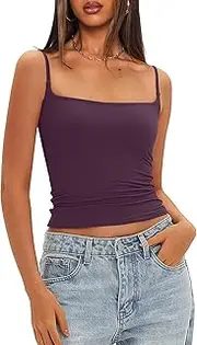 [Darong] Women Double Lined Tank Tops Bulit in Bra Spaghetti Straps Padded Cami Square Neck Basic Tank Shirt